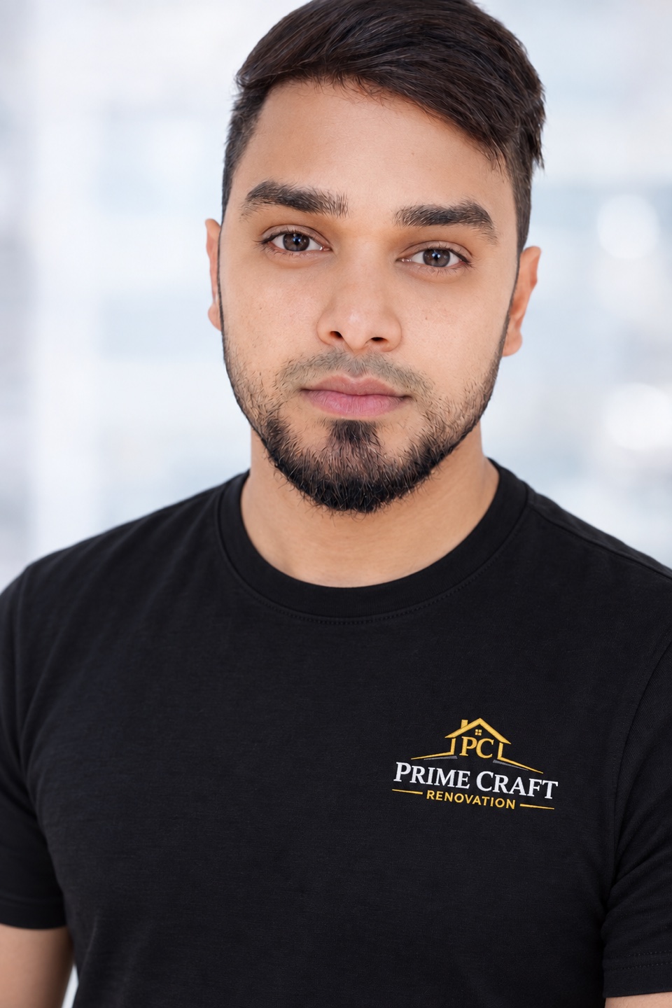 Sam Rahman, founder of Prime Craft Renovation, wearing a Prime Craft Renovation shirt